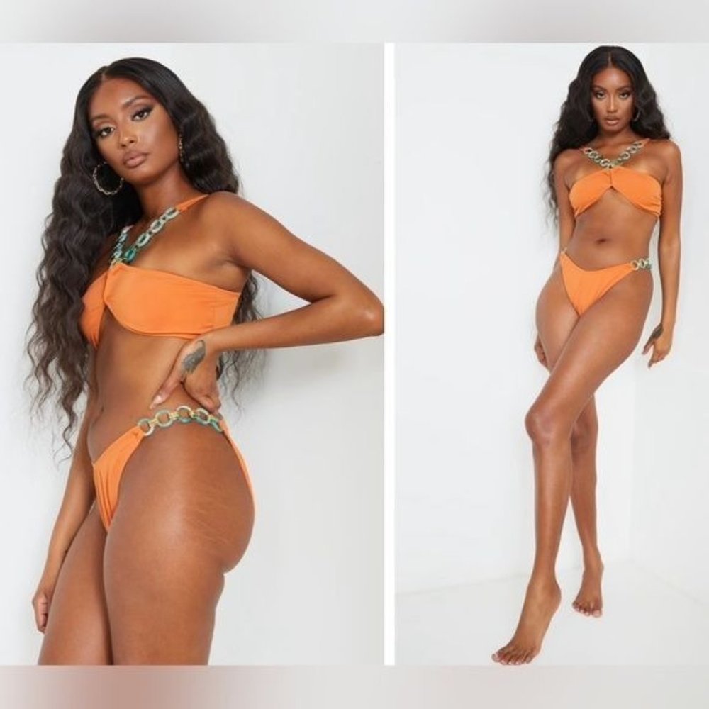 Nwt pretty little things Orange Marble Ring Trim Cheeky Bum Bikini Bottoms & top